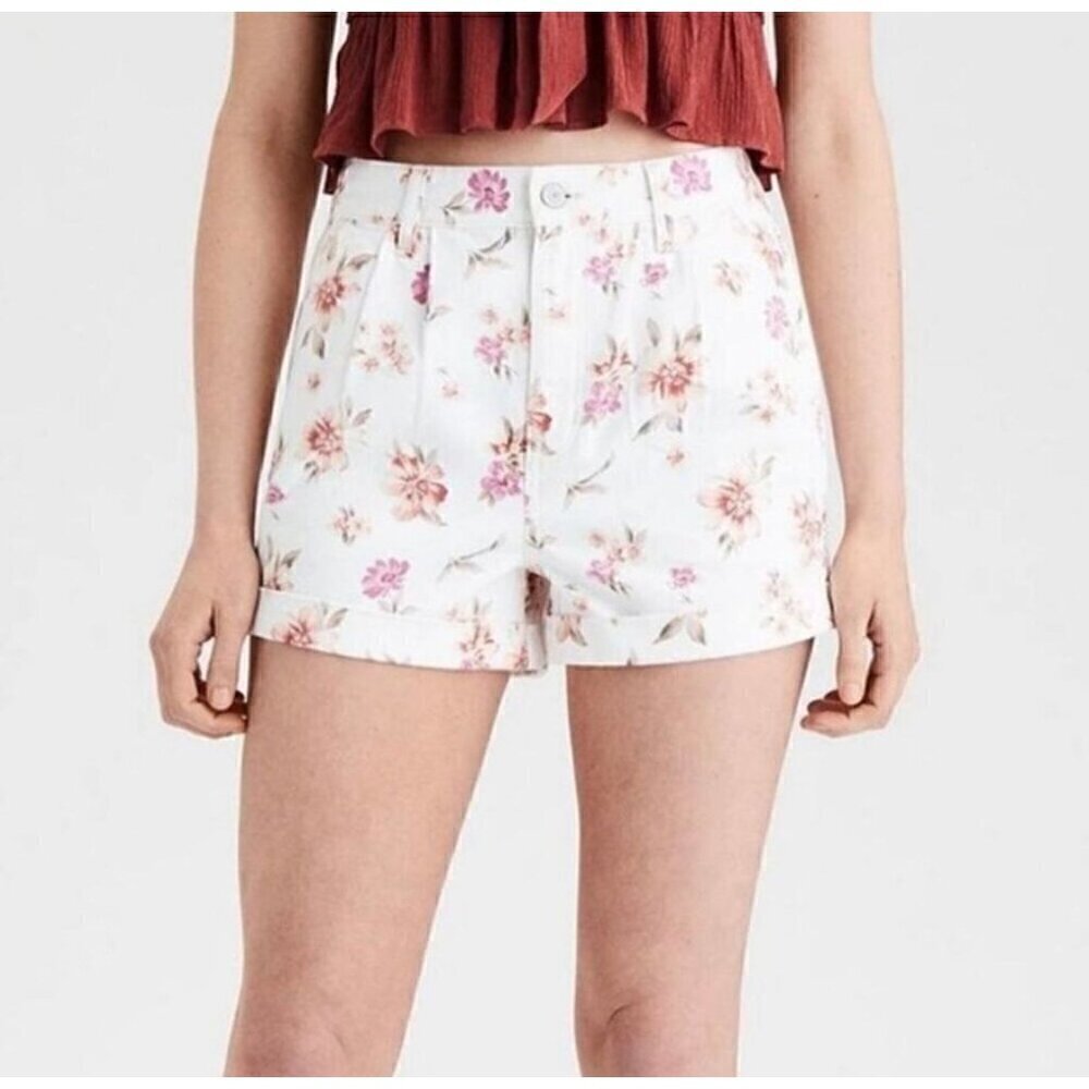 American Eagle Pleated White Denim Floral High Rise Shorts - Size: 2
